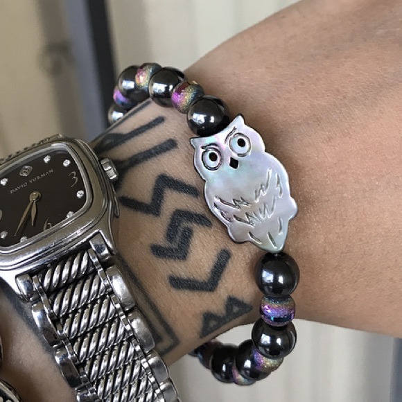 Mother of pearl owl hematite purple druzy bracelet - Picture 5 of 8
